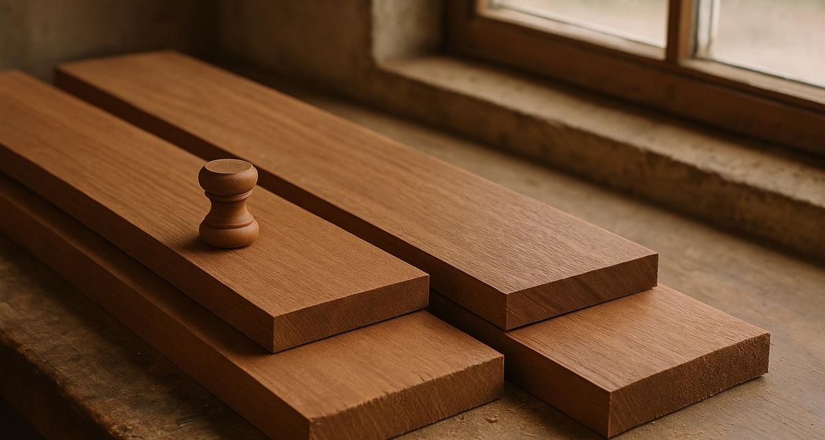Azijnhout planken met warme kleur en rustige nerf in een werkplaats
